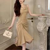 Purpdrank  New Women's Patchwork French Vintage Camisole Pleated Sexy Fashion Casual Drawstring Solid Color Slimming Mid Length Dress