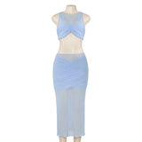 Purpdrank  Summer New Solid Color Sleeveless Mesh Splicing Short Tank Top High Waist Long Dress Women's Set