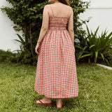 Purpdrank   Summer New Women Gingham Plaid Spaghetti Strap Maxi Dress Smocked Elastic Waist A-Line Flowy Dress Casual Vacation Beach Dress