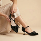 Purpdrank  Big Size 46 Women Pink Velvet Mary Jane Pumps Bow Knot Ankle Strap Kitten Heel Shoes Elegant Pointed Toe Office Dress Shoes