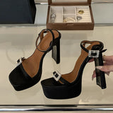 Purpdrank  Sexy Black High Heels Platform Sandals For Women Fashion Thick Bottom Square Toe Crystal Buckle Ladies Party Banquet Shoes