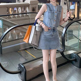 Purpdrank  In The Summer of 2025, High Waist and Slim Denim Sleeveless Vest and Hip Skirt Women's Fashion Two-piece Suit Women