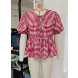 Purpdrank  Women’s Tie Front Peplum Tops Summer Cute Puff Short Sleeve Round Neck Plaid Print Loose Shirts Spring Fall Preppy Blouses Y2K