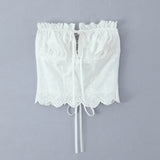 Purpdrank  Summer White Embroidery Hollow Out Hole Wood ears Bow Ruched Chest Corset Camisole Women Cross Lacing up Bow Back Tank Top