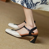 Purpdrank  Summer Women Shoes Genuine Leather Shoes for Women Square Toe Chunky Heel Women Sandals Retro Cover Toe Ankle Strap Shoes