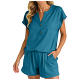 Purpdrank  Women Solid Color Two Piece Set V Neck Half Button Short Sleeve Top And High Waist Shorts With Pockets Soft Casual Office Suits