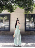Purpdrank  Elegant Green Strapless Dress Beach Vacation Style Women's Summer Slimming A-Line Long Skirt Soft Fabric All-Season Citywalk
