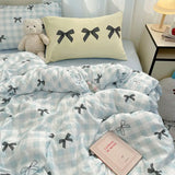 Purpdrank  Bowknot Bedding Set Ins Girl Plaid Washed Dormitory Bed Sheet Quilt Cover Student Dormitory Three-piece Set