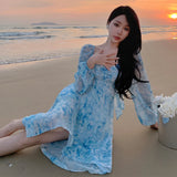 Purpdrank  Summer French Style Puff Sleeve V-Neck Backless Tie-Dye Printed Long Sleeve Puff Ball Holiday Dress for Women