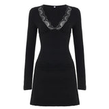 Purpdrank  Elegant Fashion Lace Trim Bodycon Dress Sexy Slim Deep V-Neck Long Sleeve Mini Dresses For Women Autumn Spring Streetwear