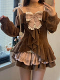 Purpdrank  Autumn Winter Sweet Lolita Women New 2 Piece Set Design Slash Neck Cute Bow Tops + Plaid Cake Skirt Female Korean Kawaii Clothes