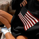Purpdrank  Retro American Style Streetwear Star Flag Pattern Loose Fit Crewneck Pullover Knit Sweater Women's Top