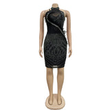 Hot Rhinestones Sheer Mesh Bodycon Midi Women Dress Feather Front Halter Sleeveless Vestidos Clubwear Sexy Party Even Dresses