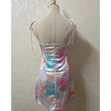 Purpdrank  Sexy Tie Dye Print Satin Sling Dress Women Bandage Lacing up Strap Slit Short Mini Party Robe
