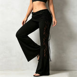 Purpdrank  Gothic Bandage Cut Out Flare Pants For Women Punk Lace Up High Waist Flare Pants Ruched Waist Folder Over Trendy Party Trouser