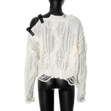 Purpdrank  Sexy Hole Hollow Out Tassel Crochet Cropped Sweater Women 2025 Autumn Winter Long Sleeve Buckle Belts Knitted Pullovers Female
