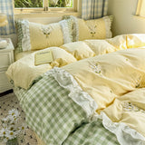 Purpdrank  Korean Princess Style Double Layer Lace Flower Embroidery 100% Cotton Bedding Set Plaid Style Duvet Covers Bed Sheet Pillowcases