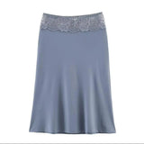 Purpdrank  3 colors Retro Spliced Lace Low Waist Knitted Midi Long Skirt Spring Summer Women A-lined Skirts Femme Grayblue Black Brown