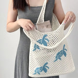 Purpdrank  Casual Cartoon Turtle Knitting Shoulder Bag Hollow Large Capacity Beach Bag Knitted Beige Brown Underarm Bag Vacation