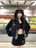 Purpdrank Vintage Fashion Fake Two Piece Leopard Print Hooded Jackets+ Y2k High Waist Bodycon Skirts 2025 Autumn New Black Sets