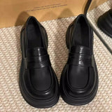 Purpdrank  Women's Retro British Style Black Leather Shoes 34-46 Large Size Uniform Single Shoes Thick Bottom Flat Heels round Toe