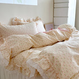 Purpdrank  Korean Princess Style Lace Ruffles Floral Bedding Set 100% Cotton Duvet Cover Bed Sheet/Fitted Sheet/Bed Skirt Pillowcases 3/4Pc