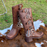 Purpdrank  Brown Belt Bule Western Boots Women's Spring Summer Retro over Knee Long Boots  Boots Casual High Top Faion Boots