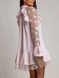 Purpdrank  Elegant Women Ruffle Edge Banquet Dress 2026 Flared Sleeve Solid Color Commuting Dress Fashion Lace Patchwork Holiday Mini Dress