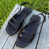 Purpdrank  Retro Square Toe Buckle Flat Sandals Women Fashion Sewing Slingback Brand Designer Shoes Summer Non-slip Roman Style Beach Shoes