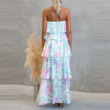 Purpdrank  Floral Print Off Shoulder Women's Beach Dress Summer Sweet Backless Party Dresses Stacked Ruffle Edge Design Holiday Long Dress