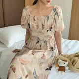 Purpdrank  Summer Vintage Butterfly Printed Women's Long Dresses 2025 Puff Sleeve Square Collar Casual Loose Straight Dress Female