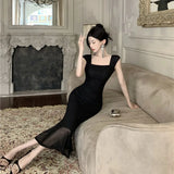Purpdrank  Elegant Slim Fit Long Dress Summer New Style Tea Break Fish Tail Gown Square Collar Ladylike Pleated A-Line Dress