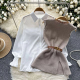 Purpdrank  Autumn Vintage Beaded Design Slit Knitted Vest Sweaters+Long Sleeve White Shirts Women Fashion Commute Two Piece Set