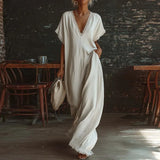 Purpdrank  Comfy Loose Fit Linen Cotton Maxi Dress Women Elegant V Neck Lace Trim Casual Dress Spring Summer Short Sleeve Pocket Boho Dress