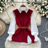 Purpdrank  Autumn Vintage Beaded Design Slit Knitted Vest Sweaters+Long Sleeve White Shirts Women Fashion Commute Two Piece Set