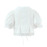 Purpdrank  Stylish White Spliced Lace Short Puff Sleeve Shirt Women Peter Pan Collar Bow Hem Loose Crop Tops