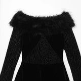 Purpdrank  Sexy Black Velvet Off-Shoulder Leopard Mesh Fur Trim Maxi Dress Women's Long Sleeve Patchwork Bodycon Evening Party Dress