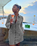 Purpdrank  Streetwear Casual Striped Print Shirt Dress for Women Long Sleeve Turn-down Collar Single Breasted Loose Mini Dress Clubwear