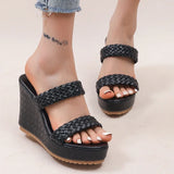 Purpdrank  Women's Retro Thick Bottom High Heel Sandals Woven Patent Leather Wedge Sandal Female Office Ladies Non Slip Black Slides Mujer