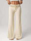 Purpdrank  Women Elastic Waist Lace Slightly Flared Casual Pants Slim-fit Strap Up High Waist Bell-bottom Solid Color Comfort Splice Pants