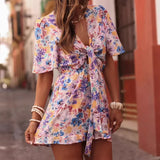Purpdrank  Fashion Flower Print Summer Jumpsuit 2026 Sexy V-neck Short Sleeve Holiday Playsuit Women's Elegant Hollow Lace-Up Party Romper
