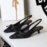 Purpdrank  French Banquet Silk Bow Thin Heel Shallow Mouth Single Shoes Women Pointed Toe Low Heels Back Empty Trip Strap Women's Shoes