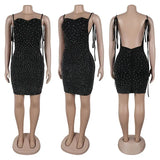 Purpdrank  Sexy Spaghetti Strap Backless Mini Dress Woman Sexy Pearl Diamond Sleeveless Ruched Prom Party Nightclub Birthday Bodycon Dress