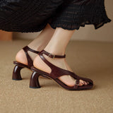 Purpdrank  NEW Summer Women Sandals Split Leather Shoes for Women Square Toe Kitten Heel Shoe Narrow Band Bcukle Strap Shoes Modern Sandals