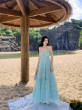 Purpdrank  Sexy V-neck Backless Strap Long Fairy Skirt Pure Desire Style U-neck Polyester Spring Summer Vacation Beach Holiday Dress