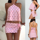 Purpdrank  Women Fashion Pattern Printed Club Party Outfits Elegant Split Tie-Up MIni Skirt 2Pc Sets Sexy Halter Tops and Short Skirt Suit