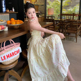 Purpdrank  Little Yellow DressVHalter Neck Floral Dress Summer Dopamine Style French Waist-Cinching Long Dress