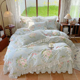 Purpdrank  100% Cotton Korean princess style Floral Lace Ruffles Bedding Set Duvet Cover Set Quilted Bed Skirt Fitted Sheet Pillowcases