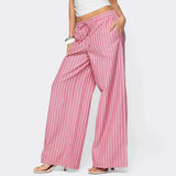Purpdrank   Summer New Women's Vertical Striped Drawstring Wide Leg Pants Lightweight High Waist Casual Trousers Versatile Loose Fit Pants