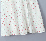 Purpdrank  Retro French Style Fruit Cherry Print Midi Long Dress Puff Sleeve Chest Ruched Bow Square Collar Hem Slit Swing Robe Fairy